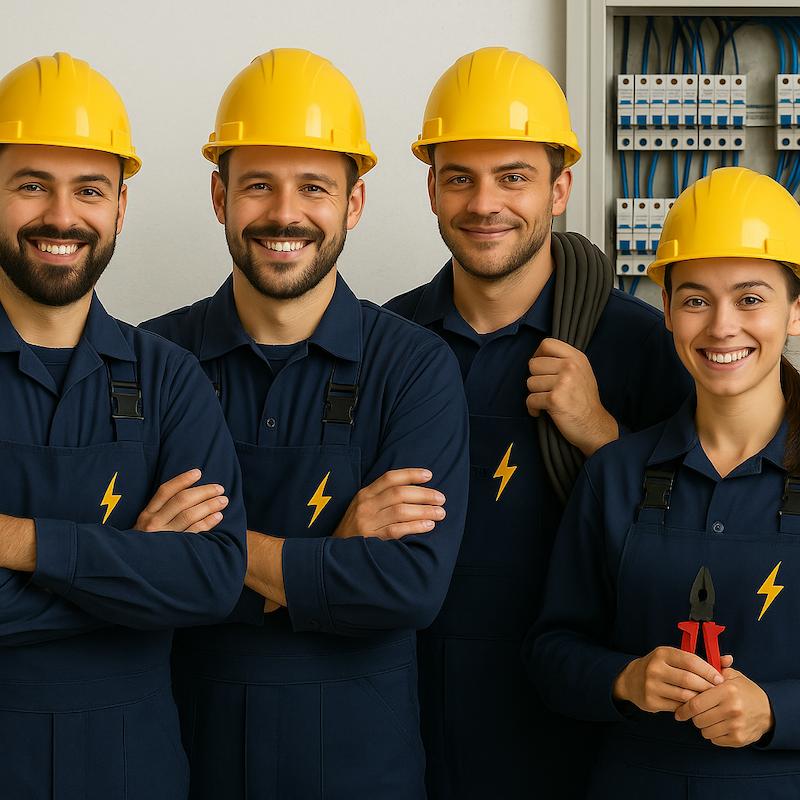 Elektriker-Team von Elektro Schneider in München – freundliche Fachkräfte im Blaumann, Meisterbetrieb mit Handschlagqualität.